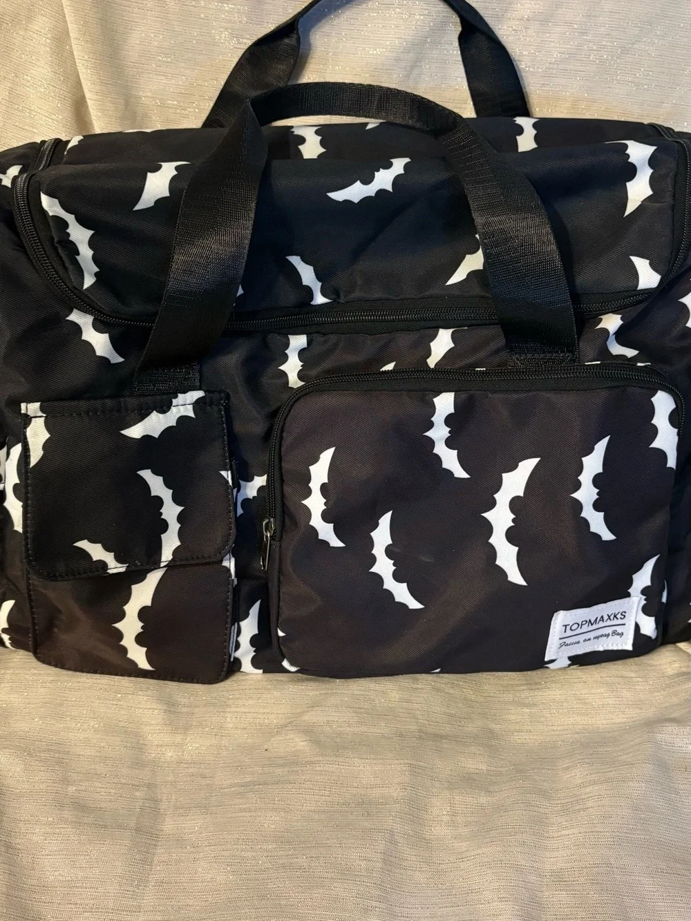 Black and White Bat-Print Travel Bag